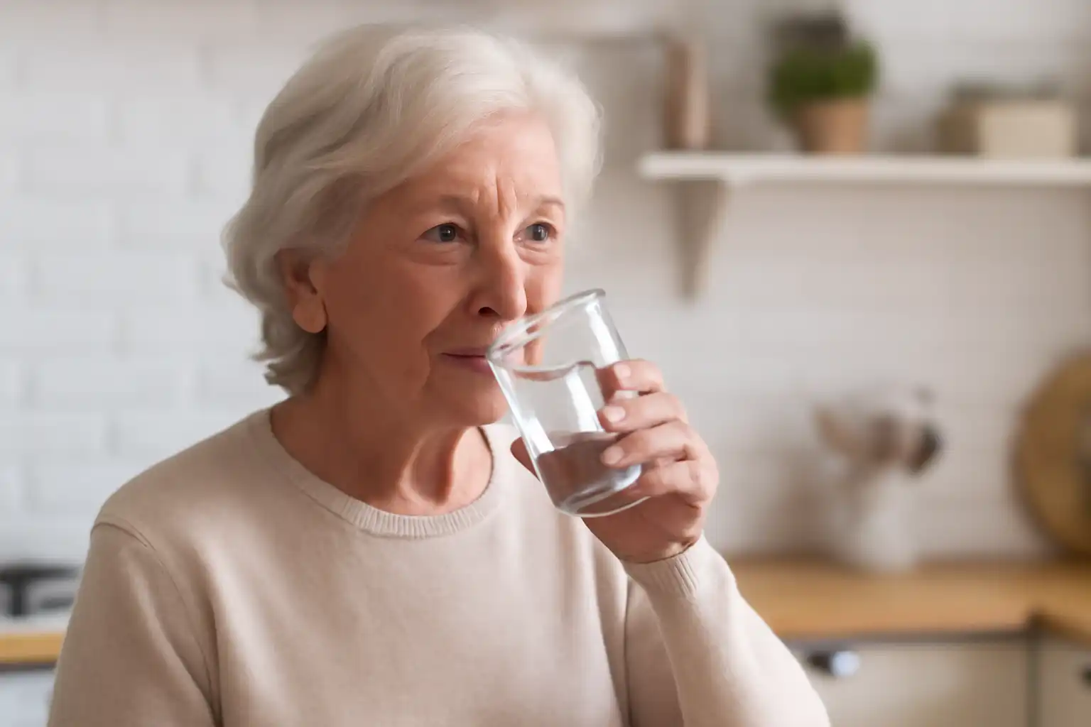 senior verre eau cuisine